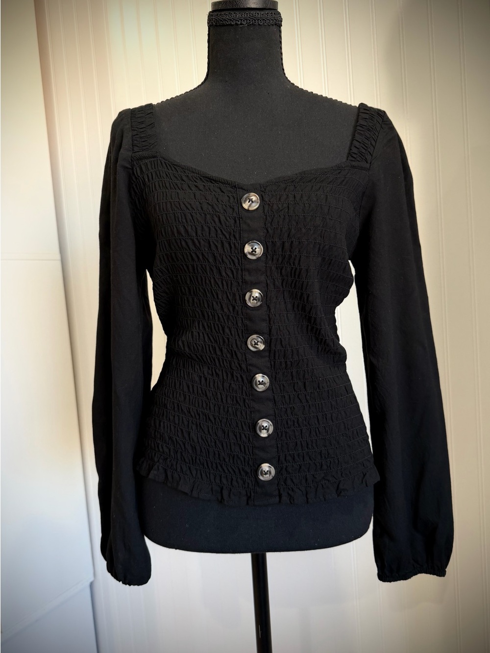 No Boundaries Black Smocked faux Button-Front Long Sleeve Top